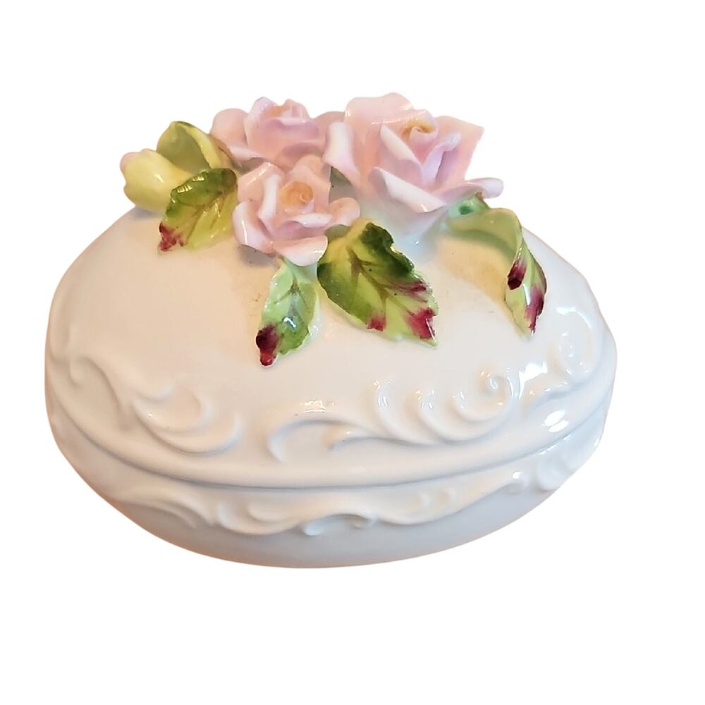 Georgian Fine Bone China Floral Ceramic White Pink Green Egg Shaped Trinket Box